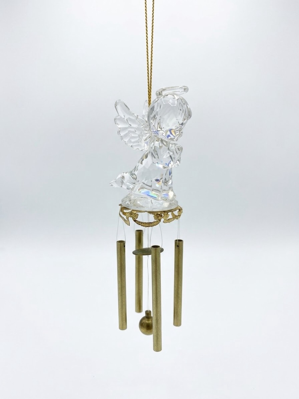Vintage Clear Acrylic Praying Angel Mini Wind Chime Brass Tubes Y2K